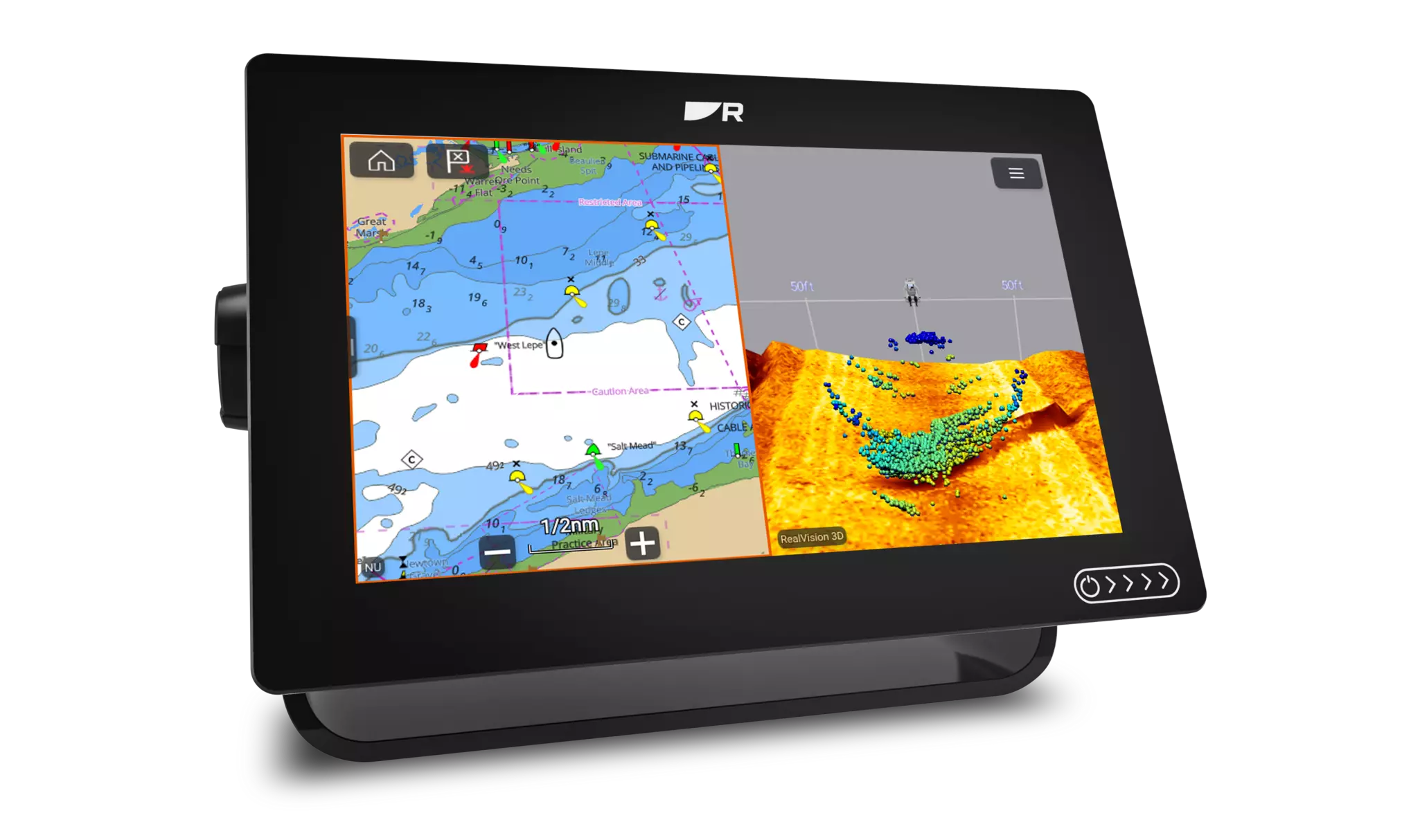 Axiom+ product with gps navigation and sonar in split screen