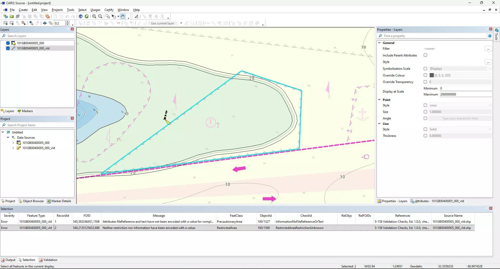 Data fixing initiated by SDMS: HPD source editor launches automatically, displaying the dataset, error messages and affected feature geometry.