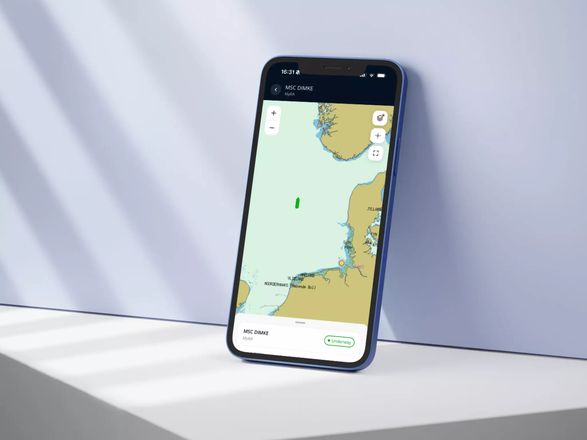iPhone visual showing the MyFleet App and a vessels position.