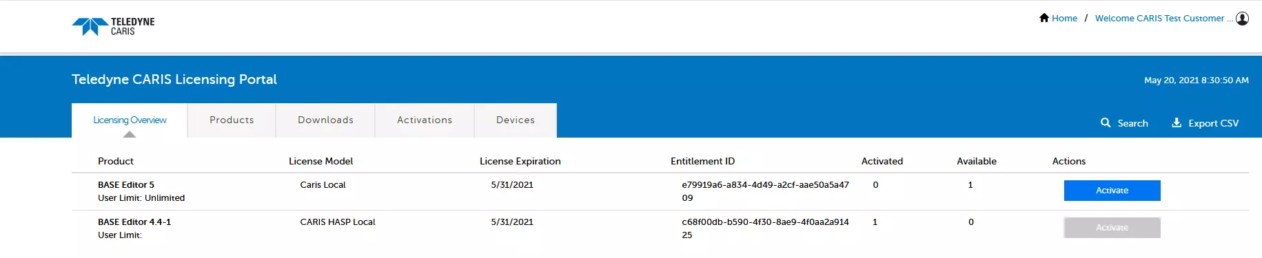 CARIS licensing portal dashboard screenshot