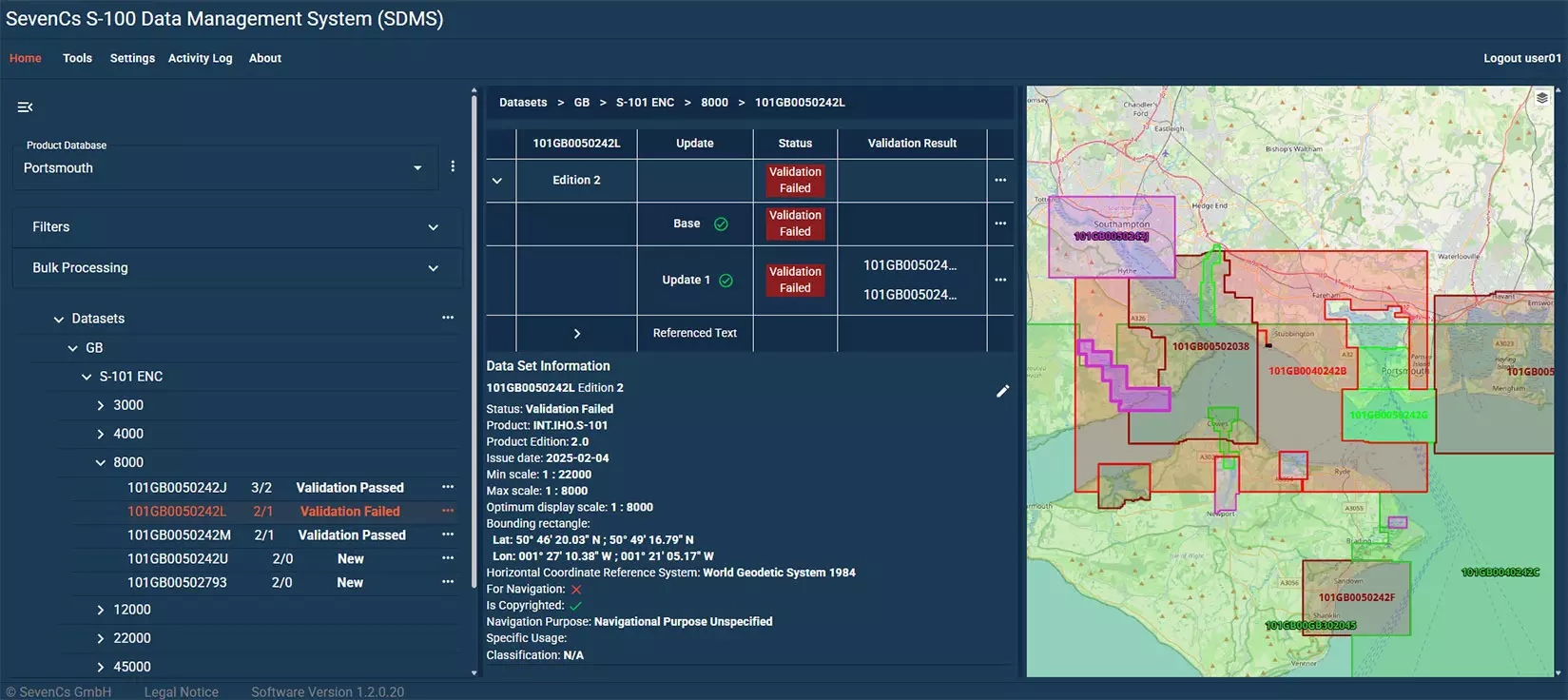 Smart Validation: SDMS shows imported datasets produced with HPD and shows which of them are ready for validation. Image based on S-101 test datasets sourced from UKHO.