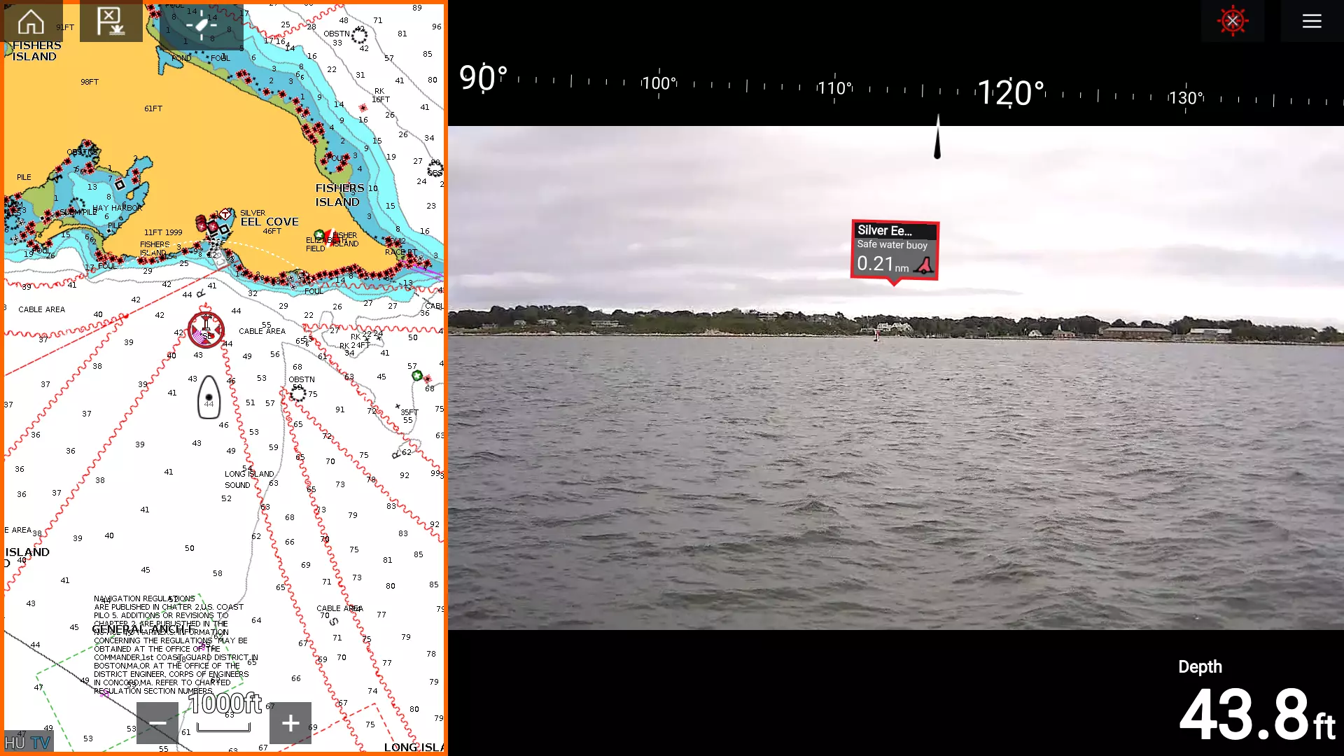 Realidad aumentada ClearCruise en modo de cartografía con pantalla dividida