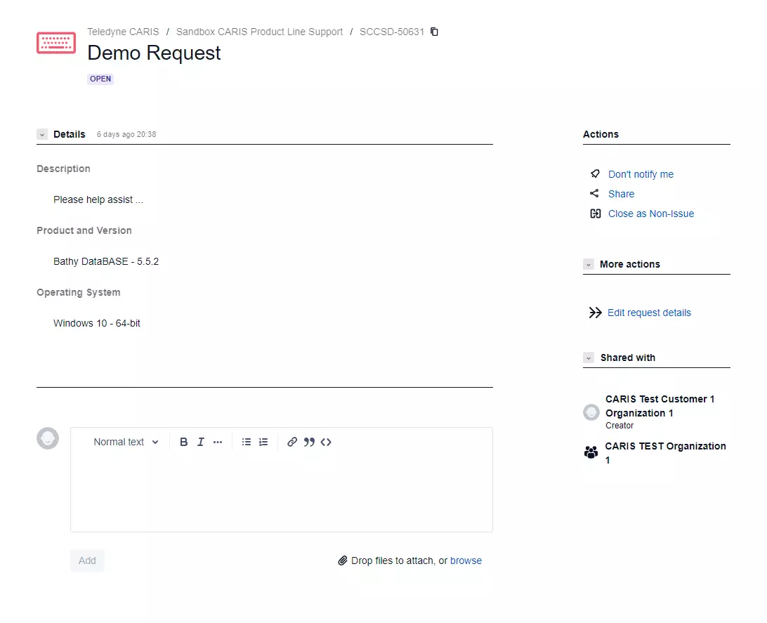 Screenshot of Teledyne CARIS Service Desk on a open demo request screen.