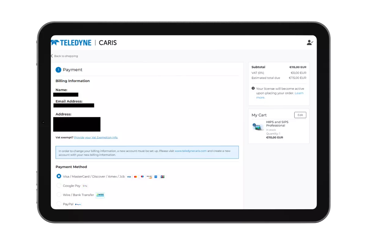 Capture d'écran montrant le processus de paiement et les options de paiement