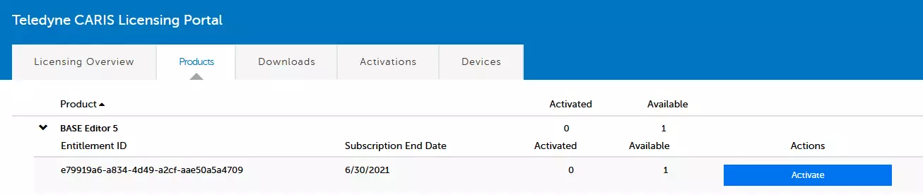 CARIS licensing portal products activation screenshot