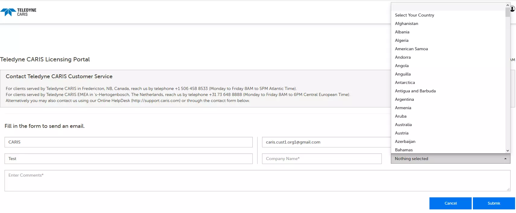Licensing portal customer service contact form screenshot