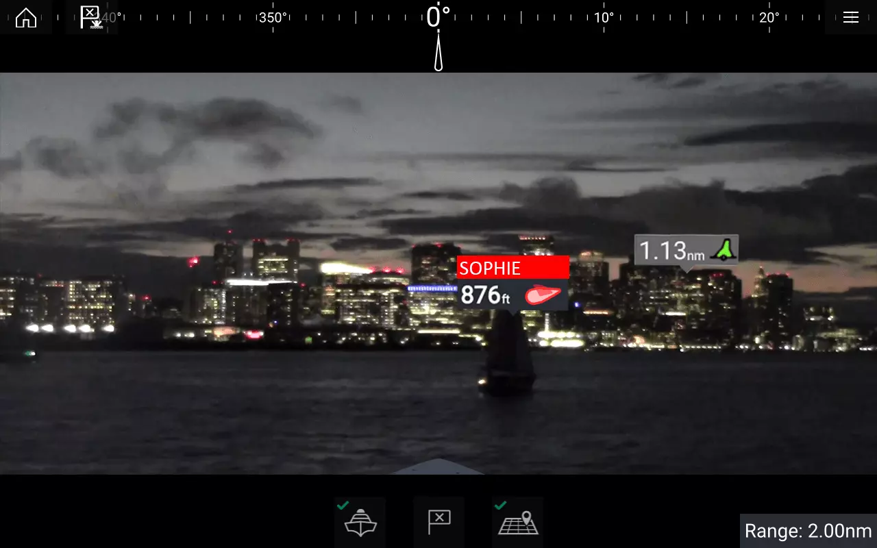 Night time photo showing Augmented Reality boat data