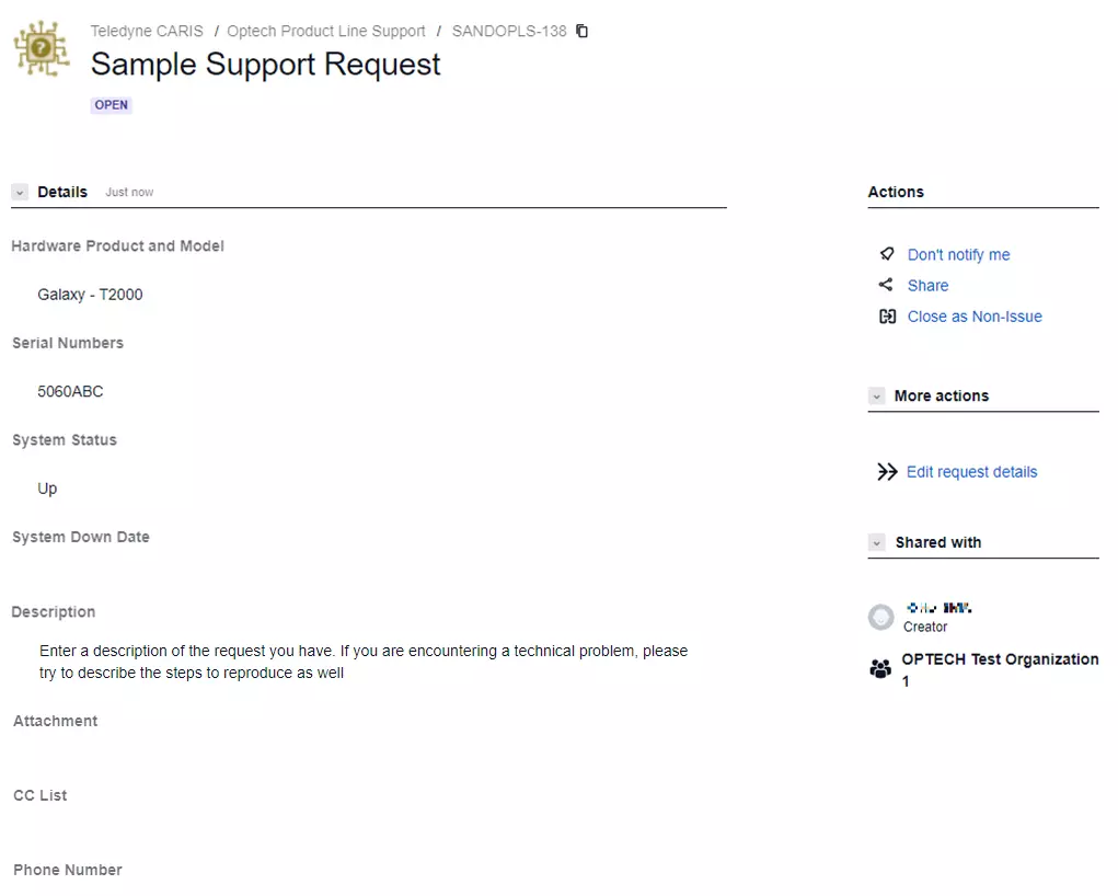 Sample support request screen shot