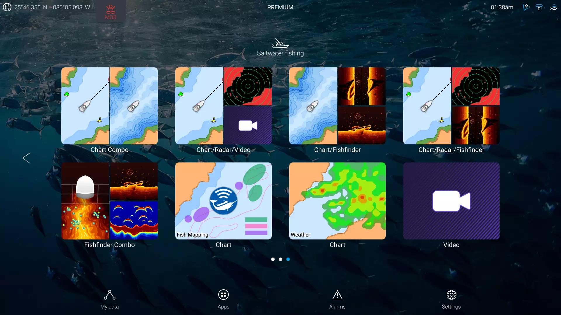 Écran d'accueil LightHouse avec icônes basées sur le mode pour la pêche