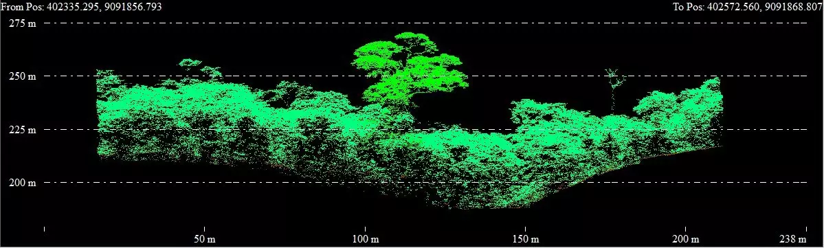 A cross section picture showing high resolution lidar data acquired using the Galaxy PRIME over a dense Amazon forest.