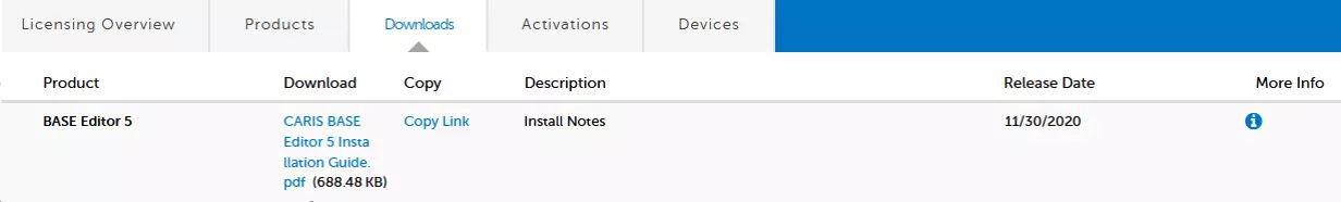 Portal license downloads list screenshot