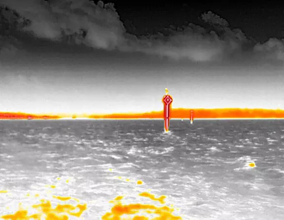 Still image capture from the FLIR Ocean Scout Pro thermal monocular.