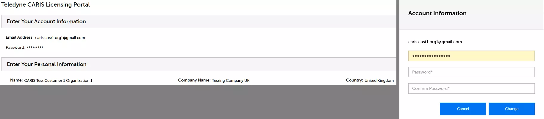 CARIS Licensing Portal account information screenshot