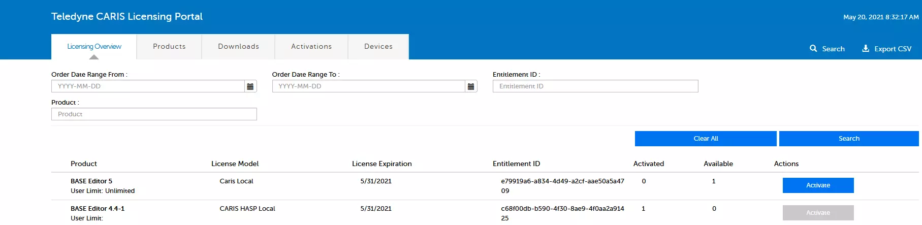 Licensing search within dashboard screenshot