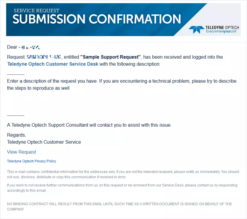 Service Desk submission confirmation example screen shot