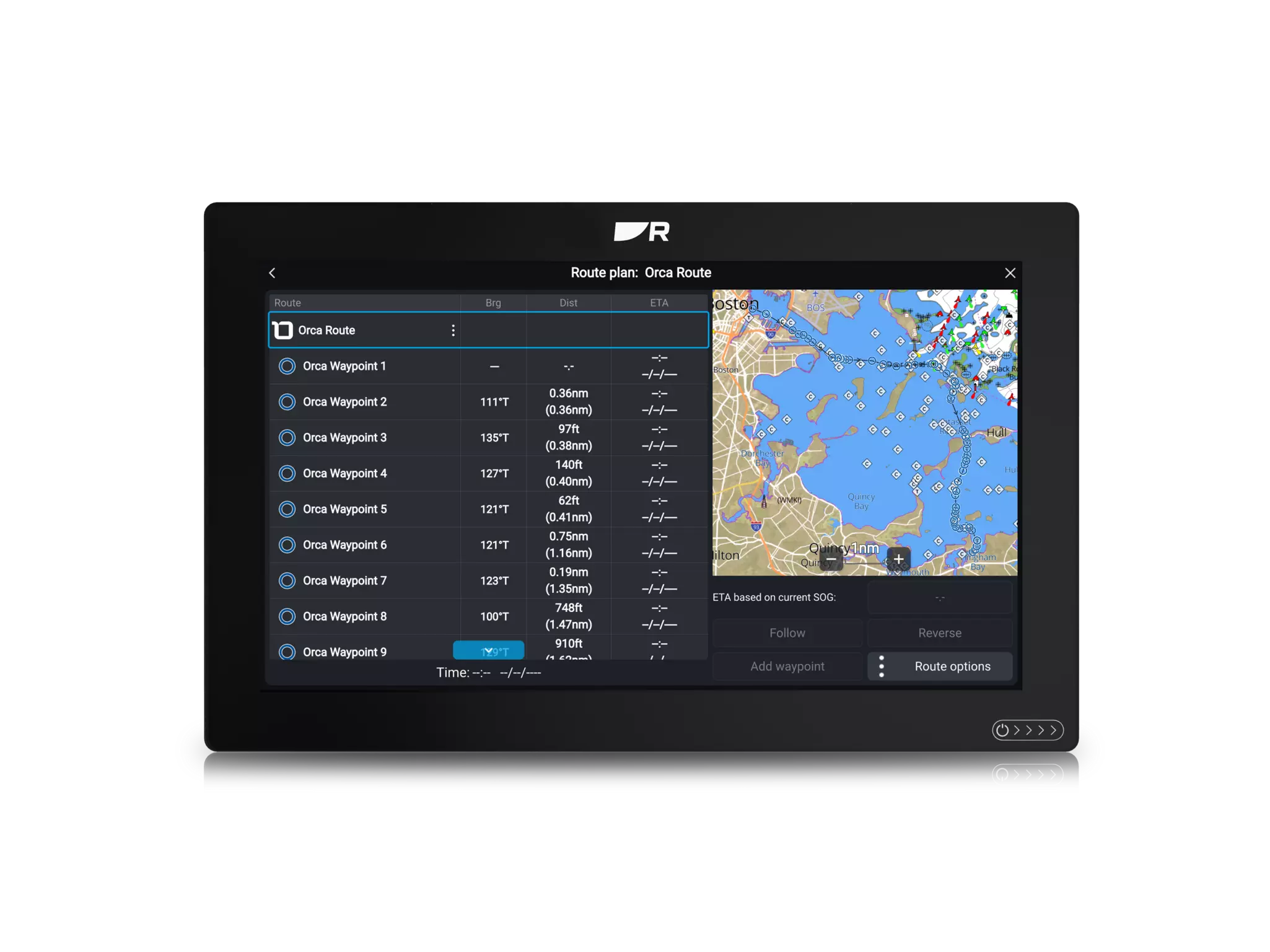 Screen shot showing routes from Orca displayed on Raymarine Axiom chartplotter display.