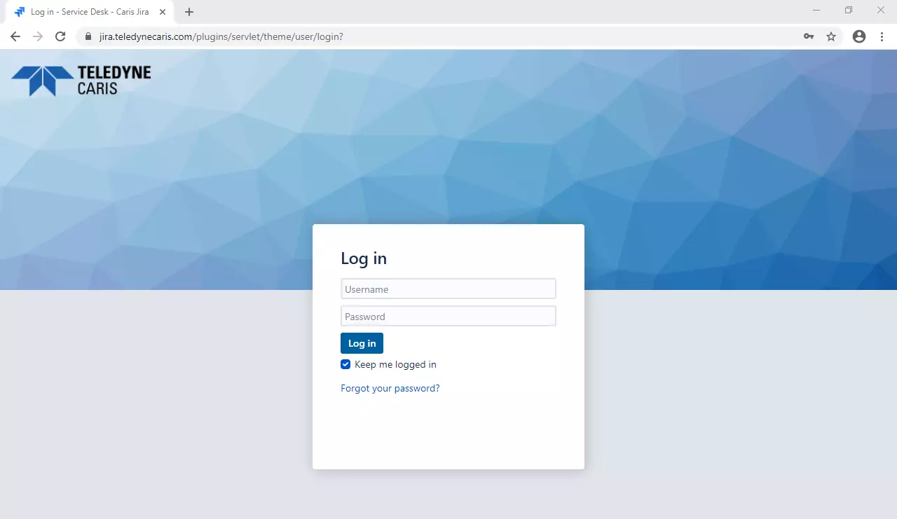 Screenshot of the Teledyne CARIS Service Desk login screen.