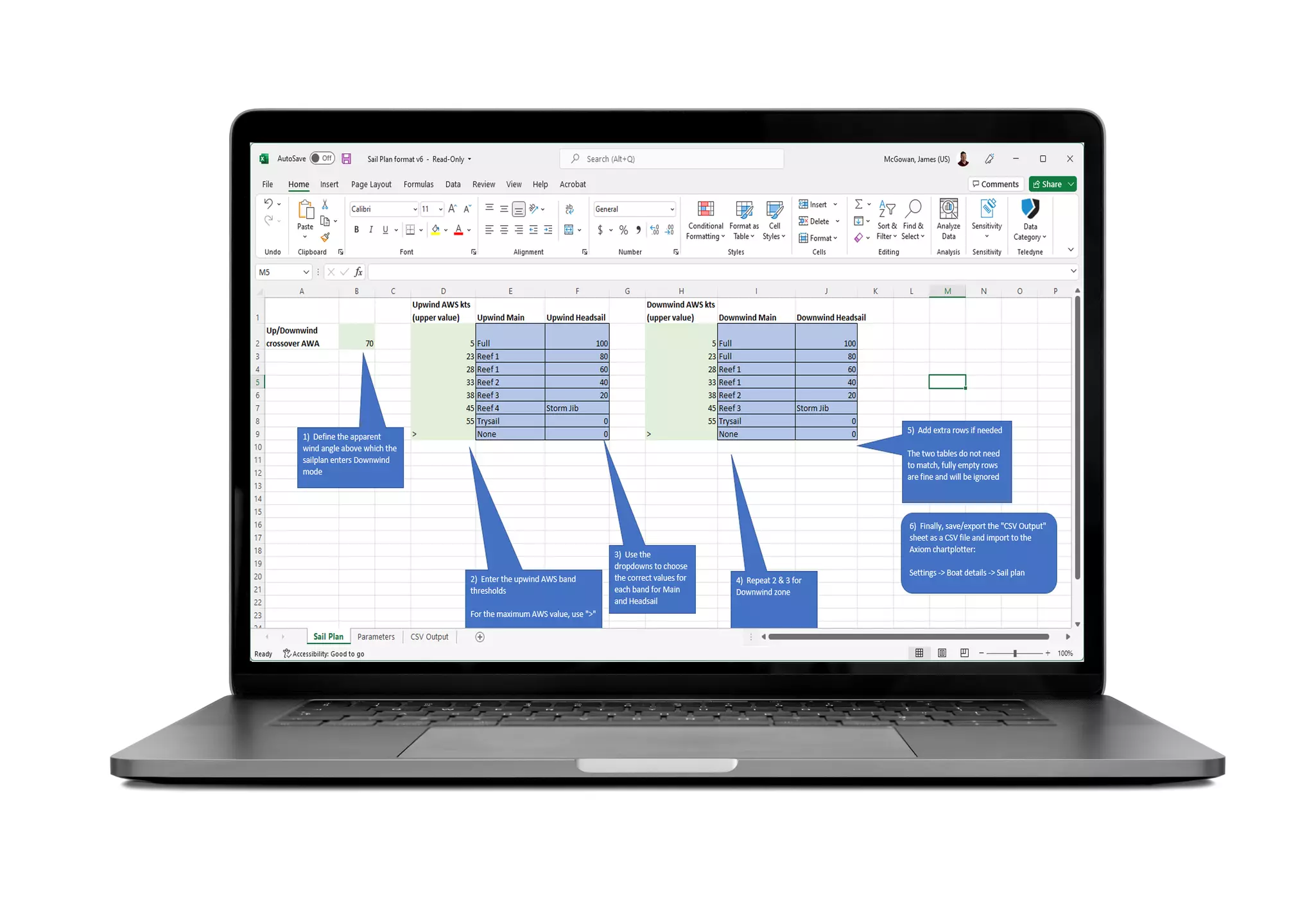 Schermafbeelding van het Sail Plan Spreadsheet van Raymarine