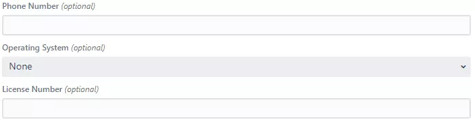 Optional fields showing phone number, operating system and license number. 
