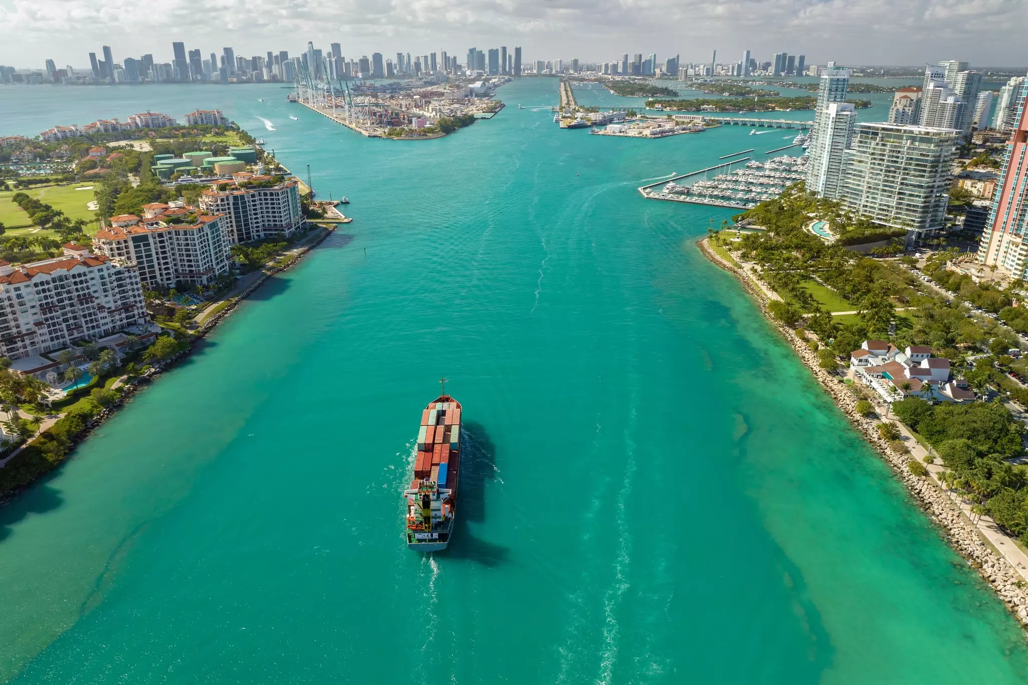 Commercial vessel sailing into Miami, Florida USA