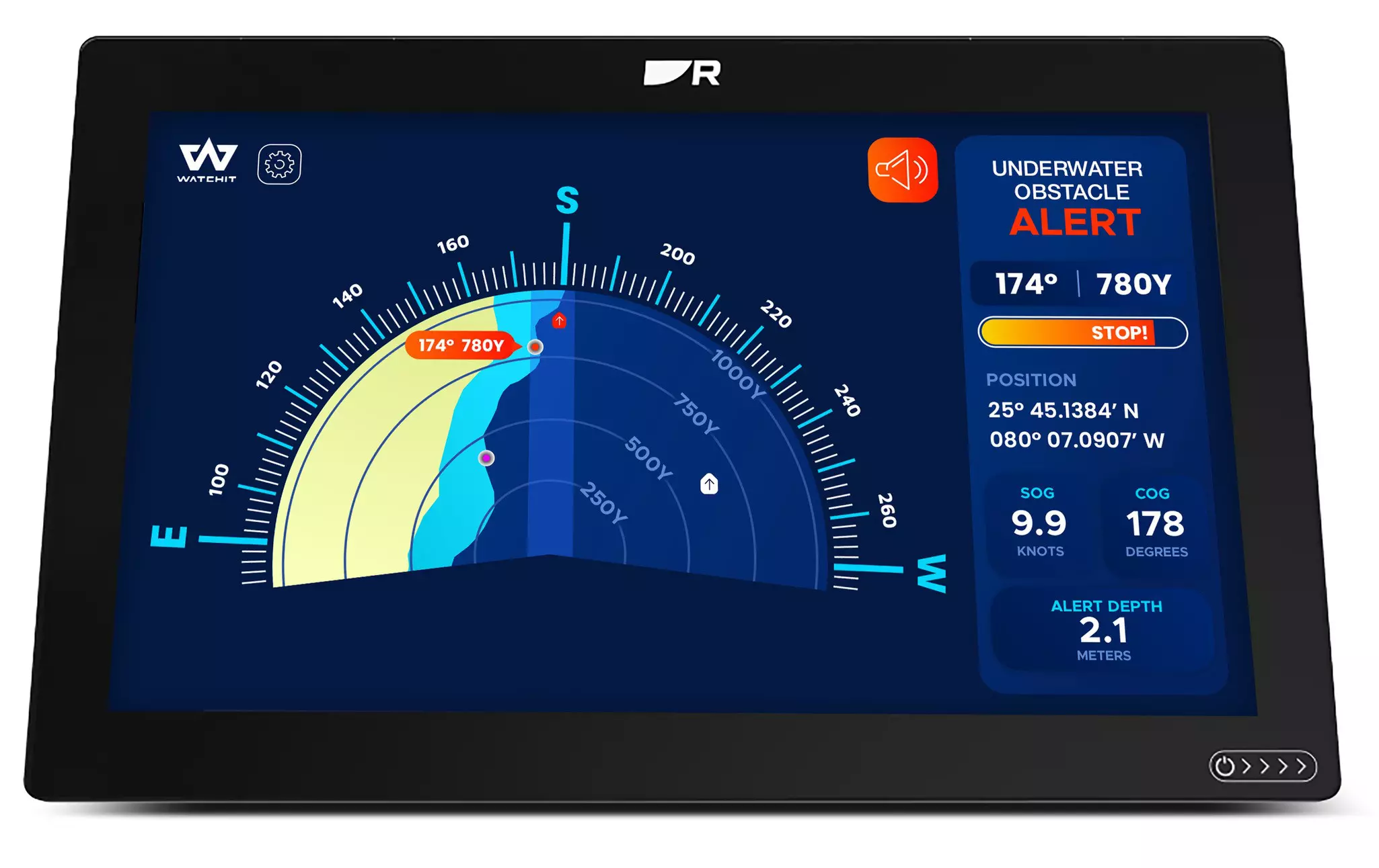WATCHIT interface on a Raymarine Axiom chartplotter display.