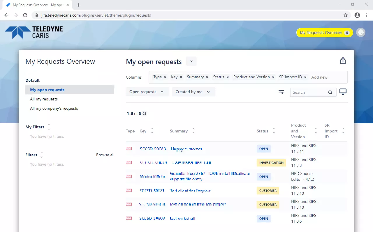 Screenshot of Teledyne CARIS Service Desk on a list of open requests.