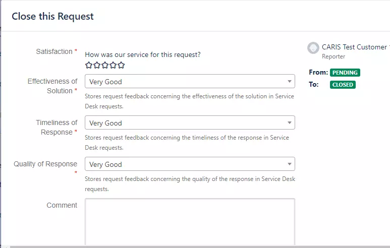 Close request satisfaction survey screenshot